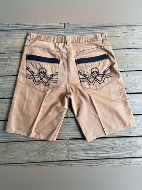 Y2K Red Ape brown denim w black embroidery Vtg hip hop baggy shorts.  Streetwear